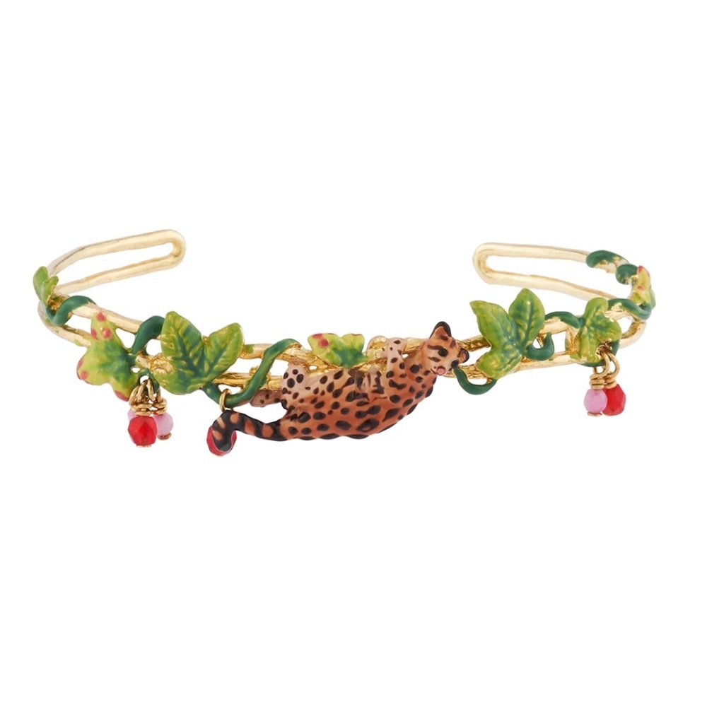 🇫🇷Les Néréides Ocelot, Tropical Leaves, and Crystals Cuff Bracelet-